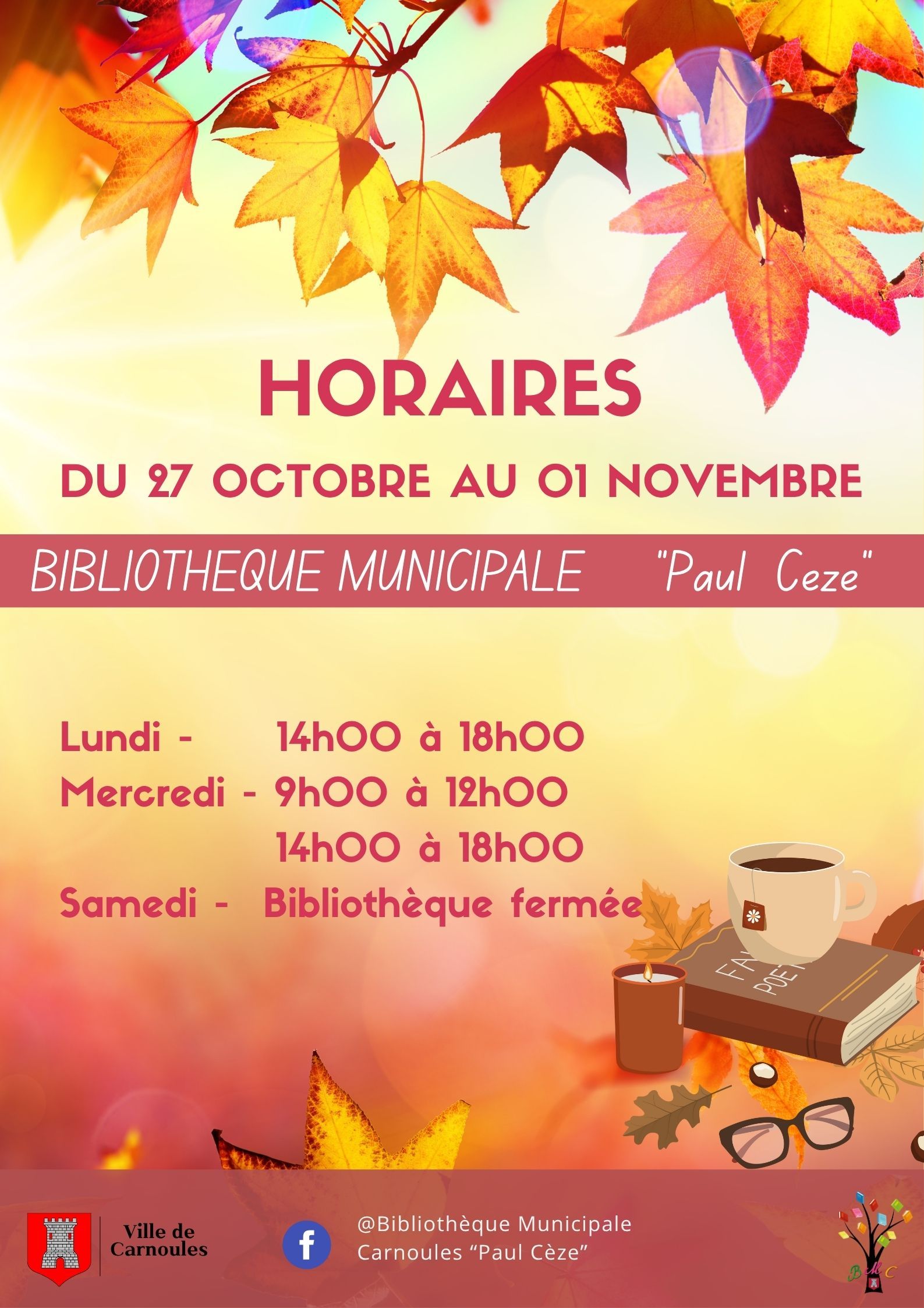 Horaires à la Bibliothèque Municipale octobre 2ème semaine