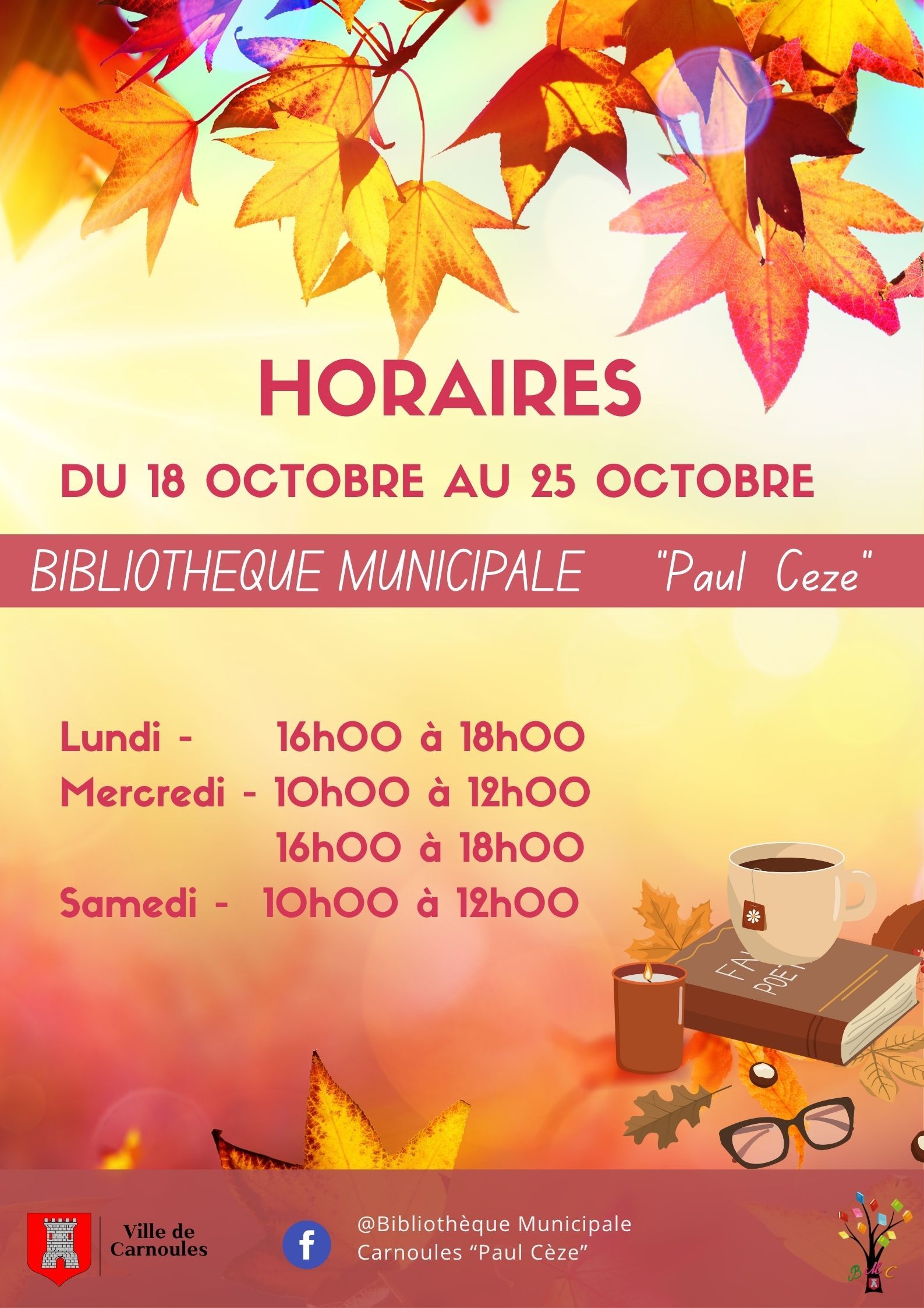 Horaires à la Bibliothèque Municipale vacances octobre 1ère semaine